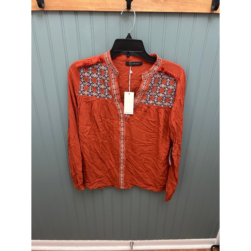plumari Women's‎ L Traveler's Tale Embroidered Blouse Rust Orange